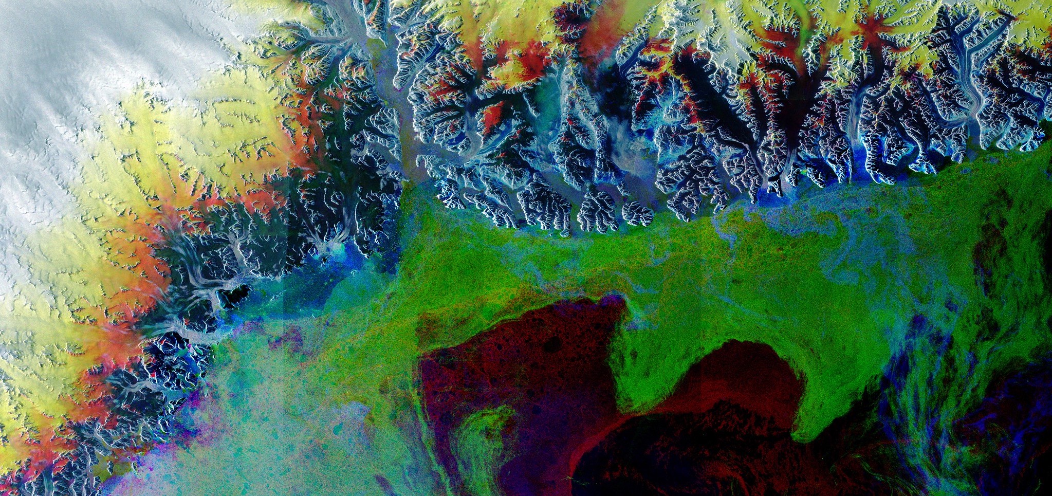 A false-colour image of the Kangerlussuaq Glacier, Greenland. As an oceanographer you could study the impact of climate change and ice melting on marine ecosystems.