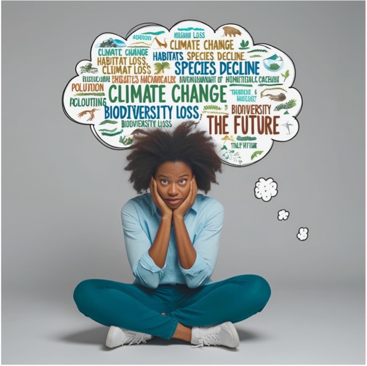 Woman looking overwhelmed with a thought cloud including the words climate change, pollution, species decline, biodiversity loss and habitat destruction. Created with Canva.