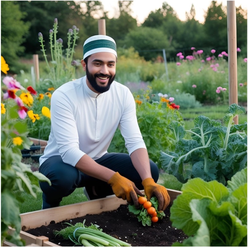 Man spending time in his garden looking calm and present. Created with Canva.