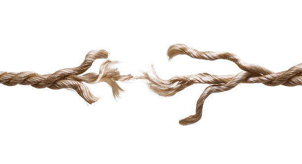 A fraying rope with strands unraveling at the centre, nearly snapping apart.