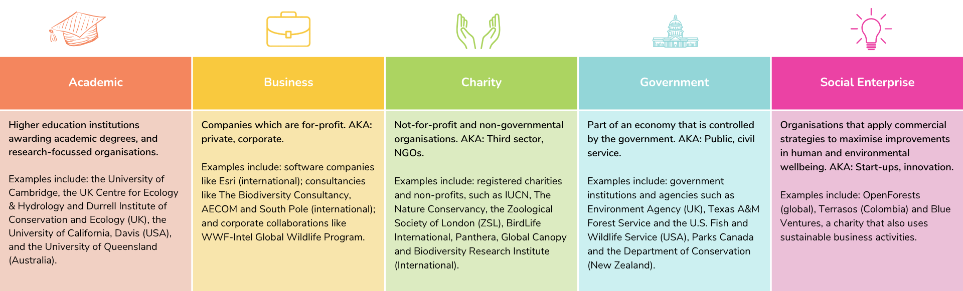 A chart displaying examples of organisations that hire GIS Analysts across different employer types: Academia, Business, Charity, Government and Social Enterprise.