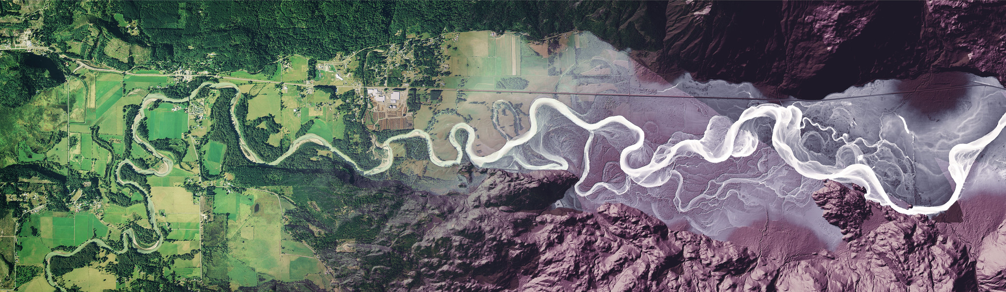 A blended image of a river with an aerial photograph on the left merging into bare-earth lidar on the right. GIS Analysts with remote sensing technology.