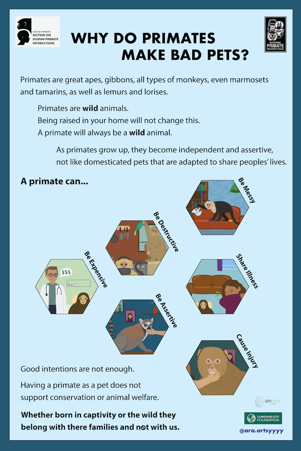 A poster listing the risks of having primates as pets.
