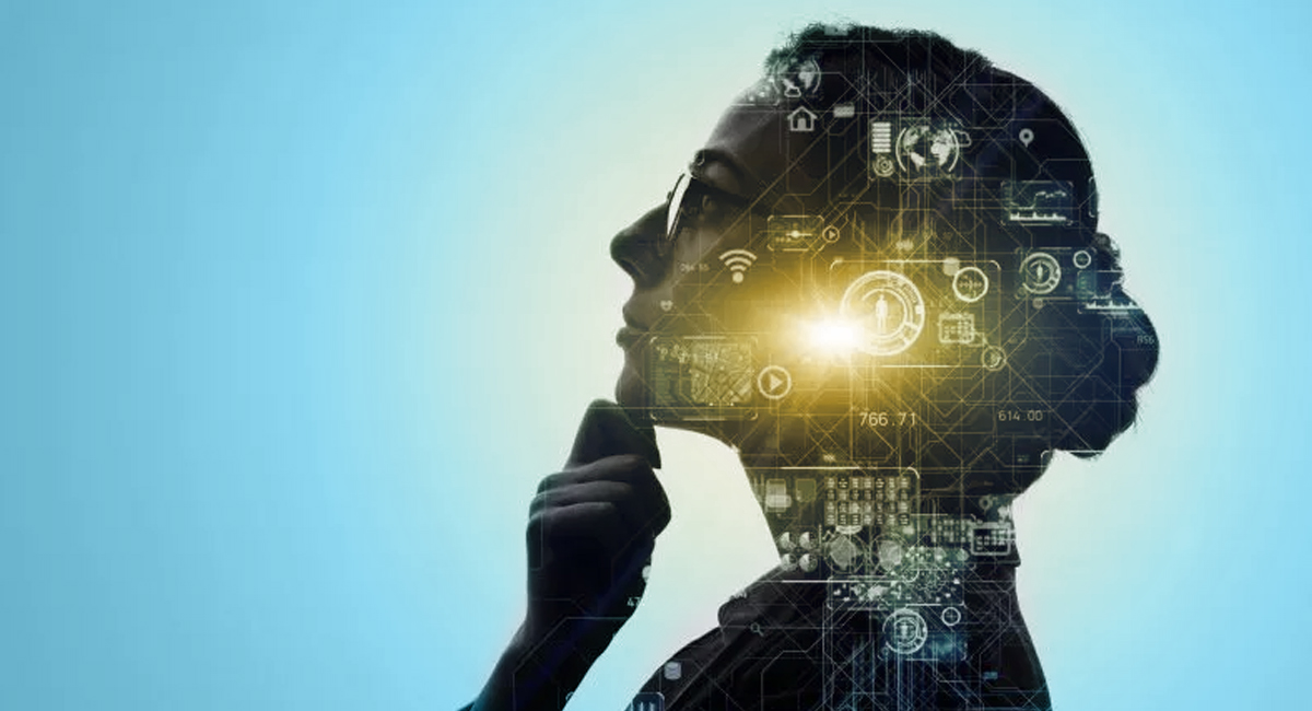 Silhouette of a woman deep in thought, overlaid with glowing icons and data graphics, symbolising refection and science.