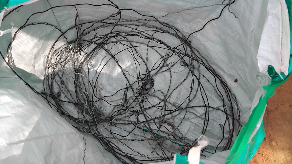 A bag filled with animal snares made of wire.