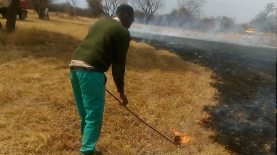 A man holding a long pole with a flame at the end, standing in a landscape divided between golden dry grass on one side and black, smoky grass on the other.