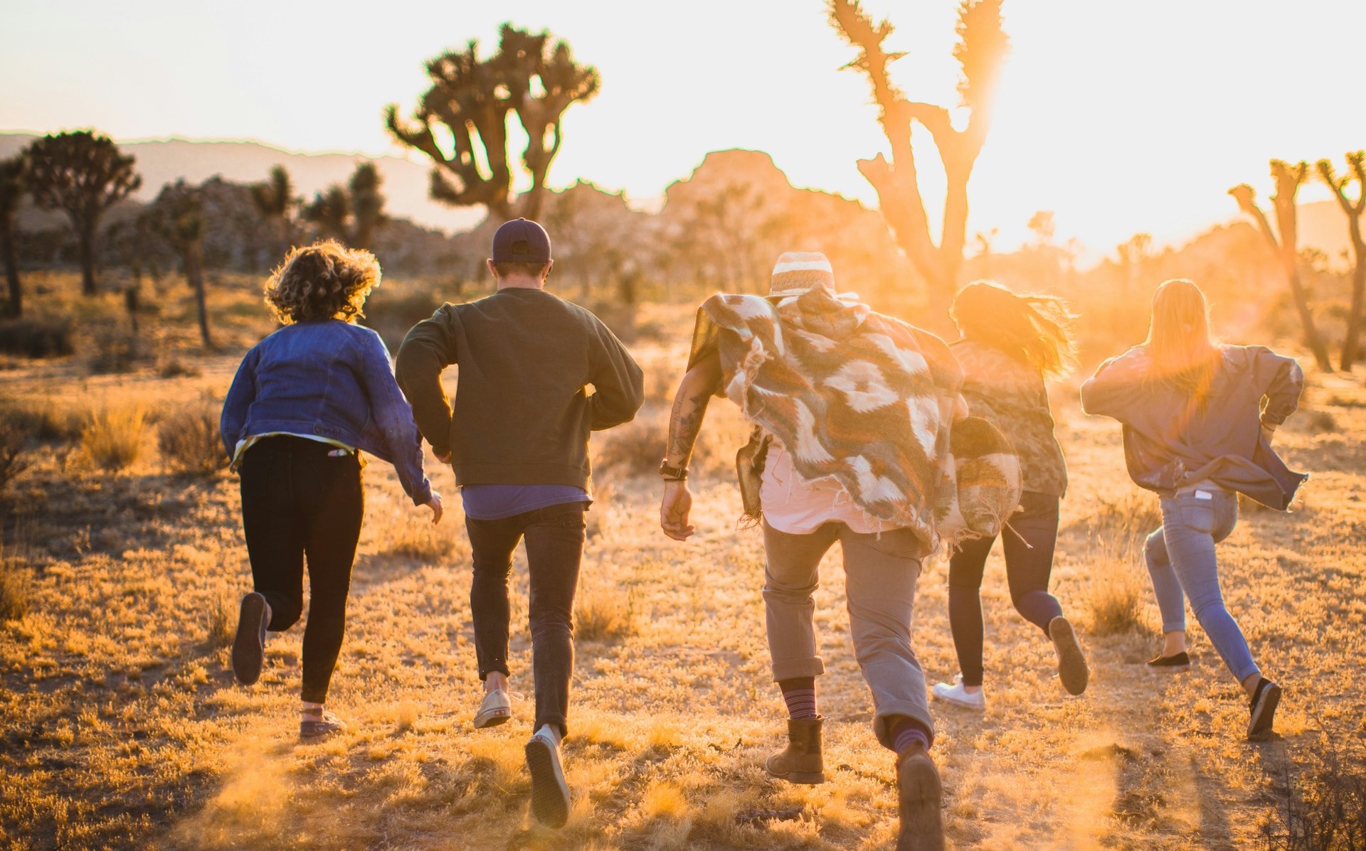 Five people running through a landscape away from the camera with the sun in the background. Building relationships and community can support you if you work abroad in conservation.
