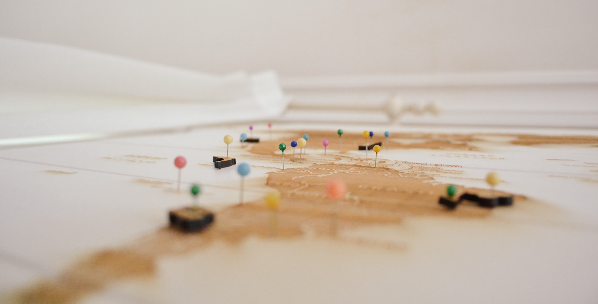 An angled view of a map with coloured pins in it. If you were to work abroad in conservation, where would you go?