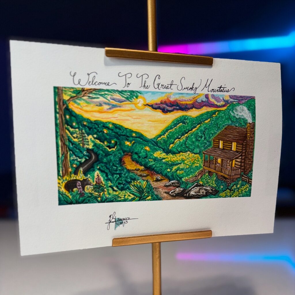 “Welcome to the Great Smoky Mountains” a hand-inked landscape where colour, light, and wilderness meet.